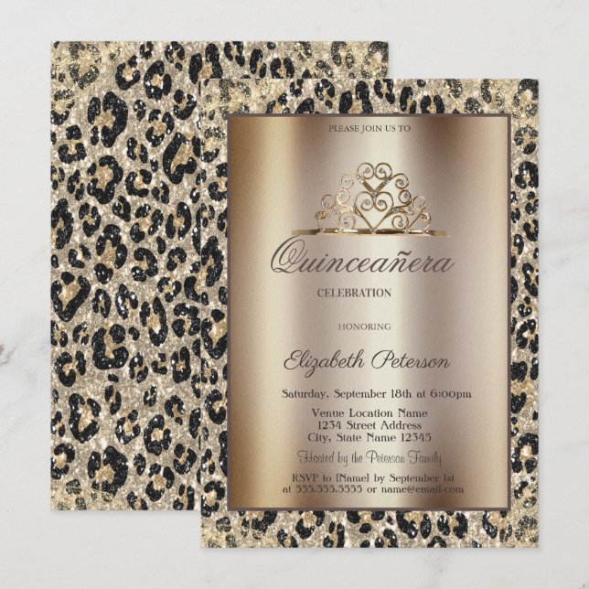 Elegant Crown Leopard Print Sweet Quinceañera Einladung (Vorne/Hinten)