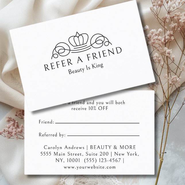 Elegant Crown Logo Salon White Empfehlungskarte (Elegant Crown Logo Salon White Referral Card)