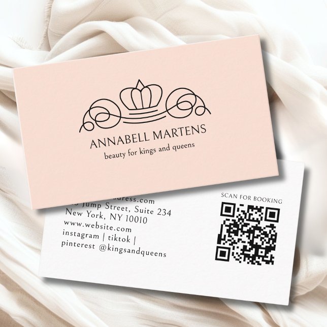 Elegant Crown Salon Peach QR-Code Visitenkarte (Elegant Crown Salon Peach QR Code Business Card)