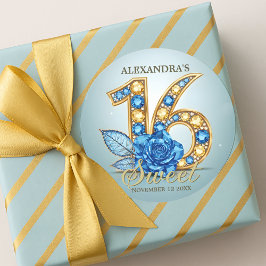 Elegant Crystal Blue Rose Gold Gemstone Sweet 16 Runder Aufkleber