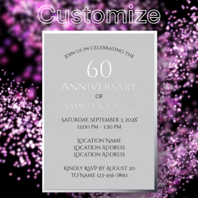 Elegant Custom 60. Hochzeitsszenario-Party Folieneinladung (Customize this simple elegant silver foil diamond 60th wedding anniversary party invitation.
)