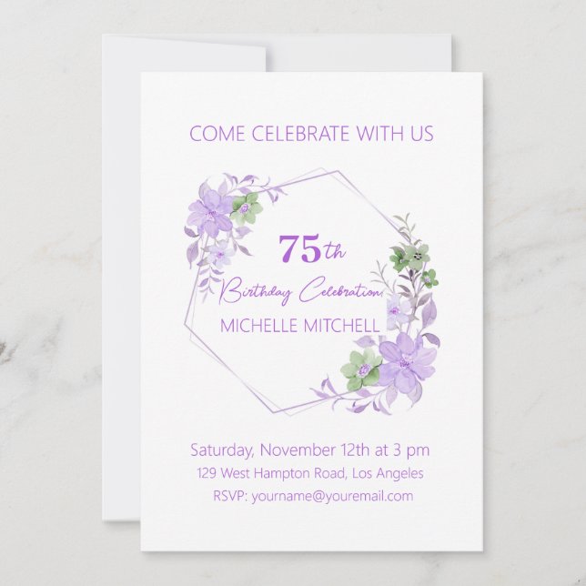 Elegant Custom 75. Geburtstag Lavender Floral Einladung (Vorderseite)