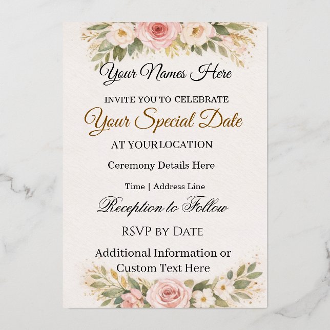 Elegant Custom Floral Wedding Invitations Design Folieneinladung (Vorderseite)