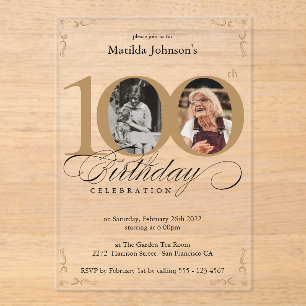 Elegant Custom Foto 100. Geburtstagsparty Acryleinladungen