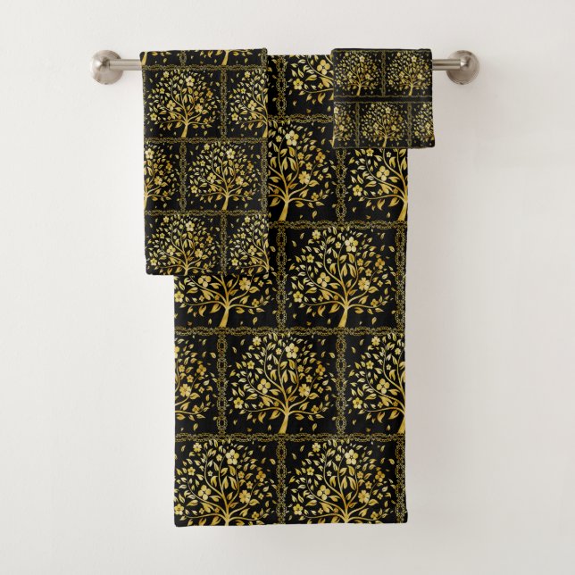 Elegant Custom Golden Tree Pattern on Black Badhandtuch Set (Insitu)