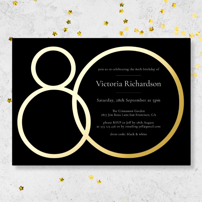 Elegant Custom Minimalistisch Black 80th Birthday  Folieneinladung (Mockup View)