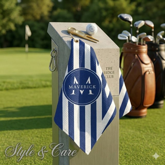 Elegant Custom Name and Initials Navy White Stripe Golfhandtuch (Elegant Custom Name and Initials Navy White Stripe Golf Towel)