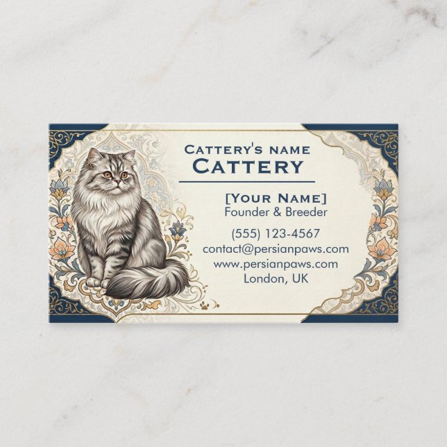 Elegant Custom Persian Cat Cattery Business Card  Visitenkarte (Vorderseite)