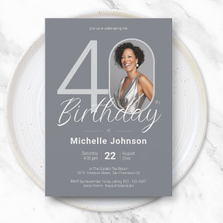 Elegant Custom Photo White Silver 40th Birthday Einladung