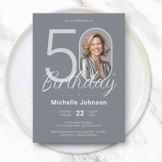 Elegant Custom Photo White Silver 50th Birthday Einladung