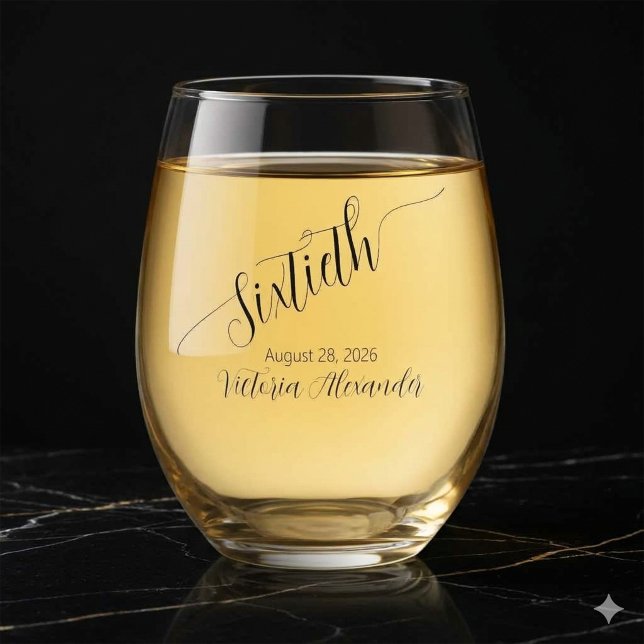 Elegant Custom Sixtieth Birthday Calligraphy Weinglas Ohne Stiel (Elegant Custom Sixtieth Birthday Calligraphy Stemless Wine Glass )