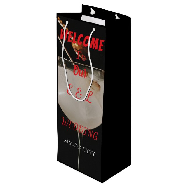 Elegant Custom Wedding Wine Invitation Gift Bag Geschenktüte Für Weinflaschen (Rückseite Schrägansicht)