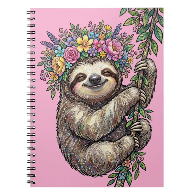 Elegant Cute Floral Sloth with Flower Crown Pink   Notizblock (Vorderseite)