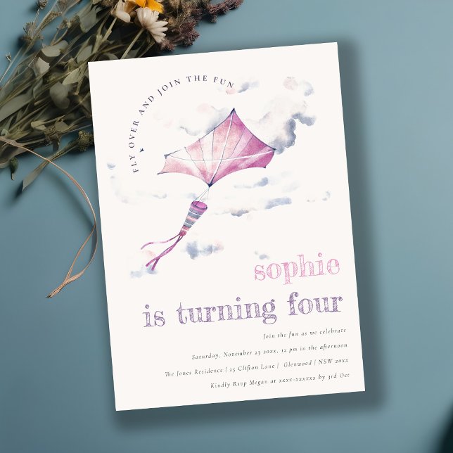 Elegant Cute Pink Flying Kite Sky Clouds Birthday Einladung (Von Creator hochgeladen)