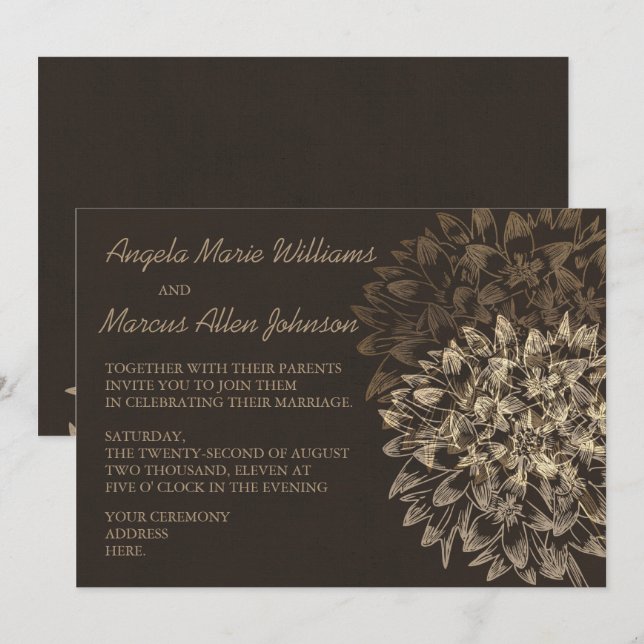 Elegant Dahlia Brown Floral Wedding Einladung (Vorne/Hinten)