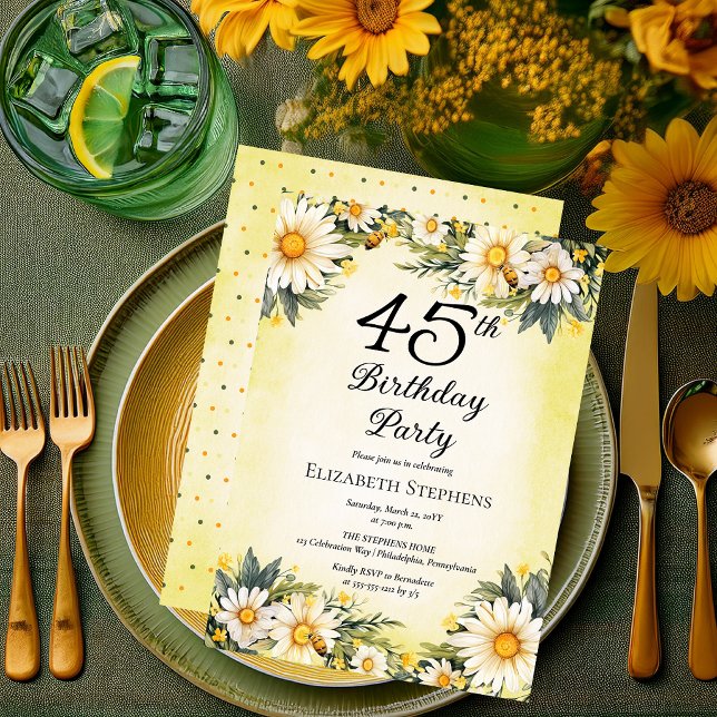 Elegant Daisies Garden Floral 45th Birthday Party Einladung (Elegant Daisies Garden Floral 45th Birthday Party Invitation - Print and/or Digital Download)