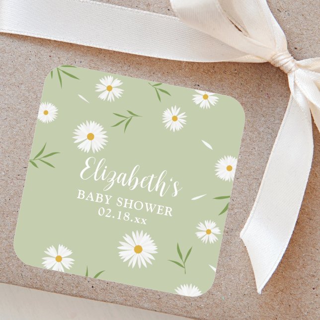 Elegant Daisies Gender Neutral Baby Shower Quadratischer Aufkleber (Von Creator hochgeladen)