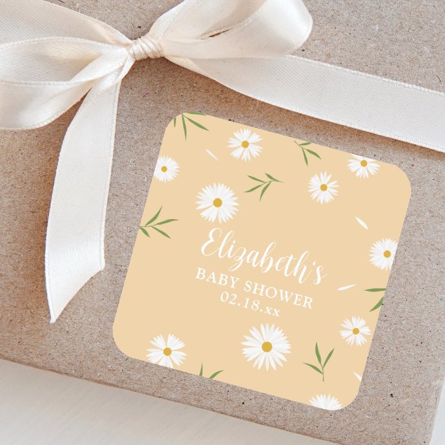 Elegant Daisies Gender Neutral Baby Shower Quadratischer Aufkleber (Von Creator hochgeladen)