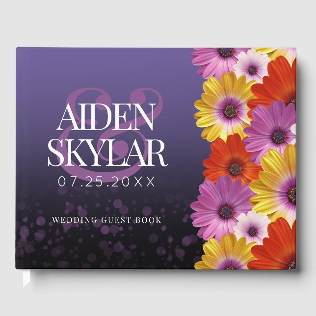 Elegant Daisies mit Lila Glitzer Hochzeit Gästebuch (Vorderseite)