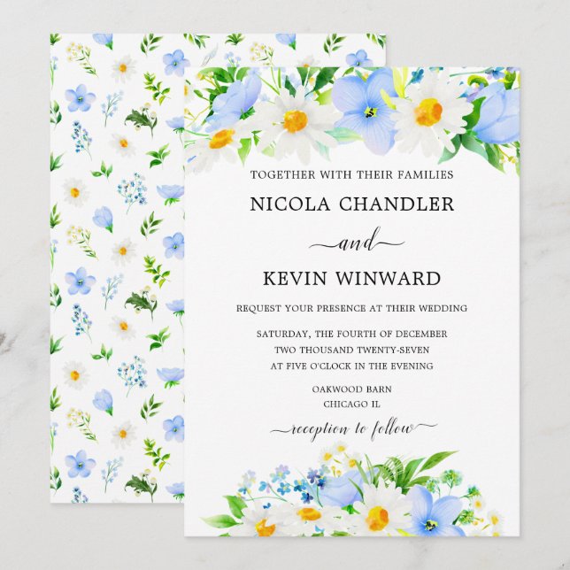 Elegant Daisy and Forget Me Not Wedding Einladung (Vorne/Hinten)