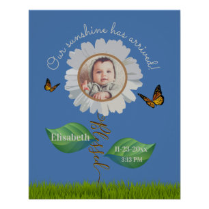 Elegant Daisy Blue Floral Niedlich Baby Foto & Nam Poster