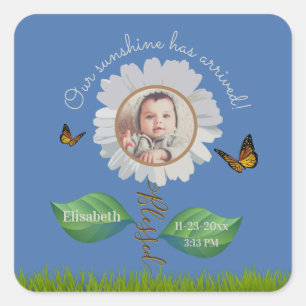 Elegant Daisy Blue Floral Niedlich Baby Foto & Nam Quadratischer Aufkleber