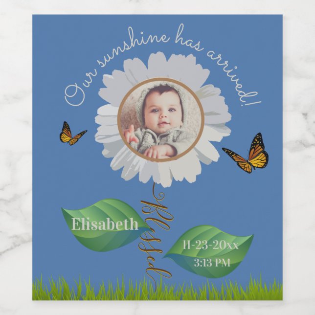Elegant Daisy Blue Floral Niedlich Baby Foto & Nam Weinetikett (Einzelnes Label)