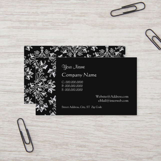 Elegant Daisy Damask in White on Black Custom Visitenkarte (Vorderseite/Rückseite Beispiel)
