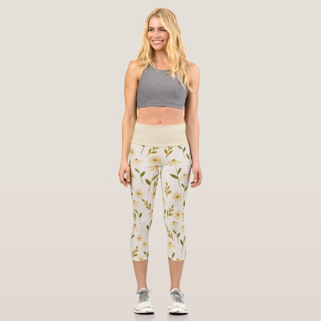 Elegant Daisy Floral Design Elfenbeingrüne Zweigst Capri Leggings (Vorderseite)