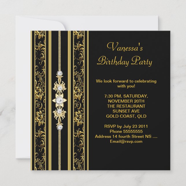 Elegant Damask Birthday Party Gold Black Einladung (Vorderseite)