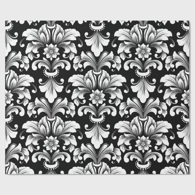 Elegant Damask black and white wrapping paper roll Geschenkpapier (Flach)