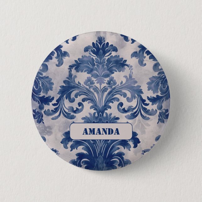 Elegant Damask Blue toile de jouy monogram Button (Vorderseite)