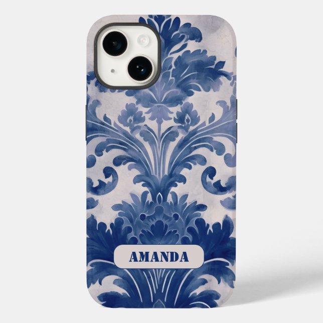 Elegant Damask Blue toile de jouy monogram Case-Mate iPhone Hülle (Rückseite)