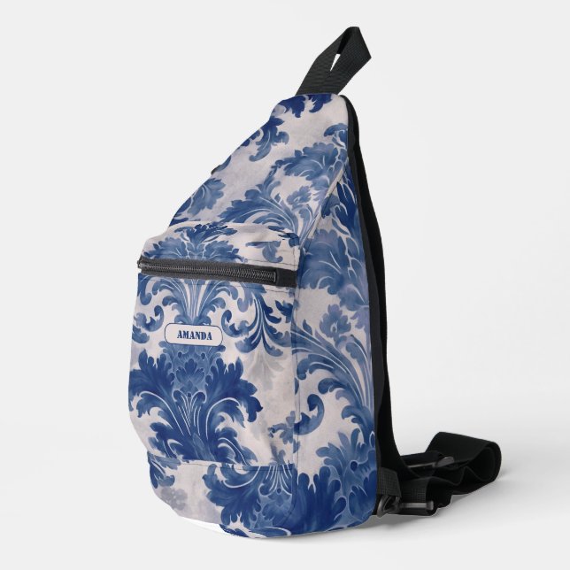 Elegant Damask Blue toile de jouy monogram Crossbody Bag (Rechte Ecke)