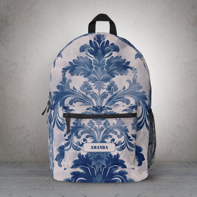 Elegant Damask Blue toile de jouy monogram Dopp Ki Bedruckter Rucksack (Von Creator hochgeladen)