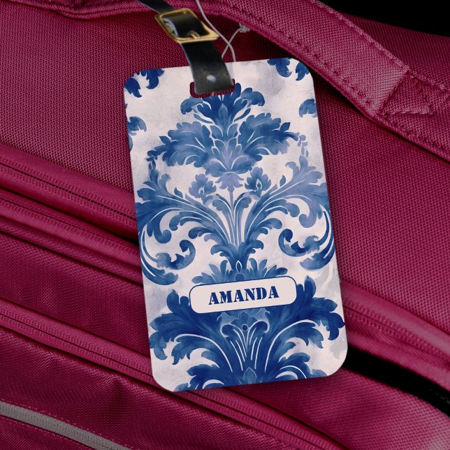 Elegant Damask Blue toile de jouy monogram Gepäckanhänger (Von Creator hochgeladen)
