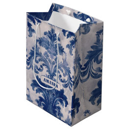 Elegant Damask Blue toile de jouy monogram Mittlere Geschenktüte