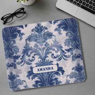 Elegant Damask Blue toile de jouy monogram Mousepad