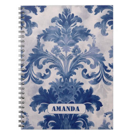 Elegant Damask Blue toile de jouy monogram Notizblock