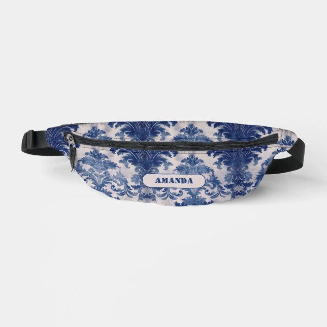 Elegant Damask Blue toile de jouy monogram Sling B Bauchtasche (Vorderseite)