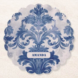 Elegant Damask Blue toile de jouy monogram Untersetzer