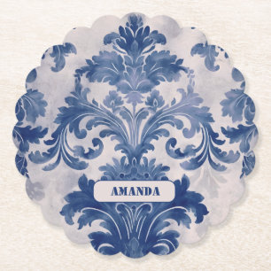 Elegant Damask Blue toile de jouy monogram Untersetzer
