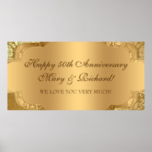 Elegant Damask Floral Swirl Gold Banner Poster