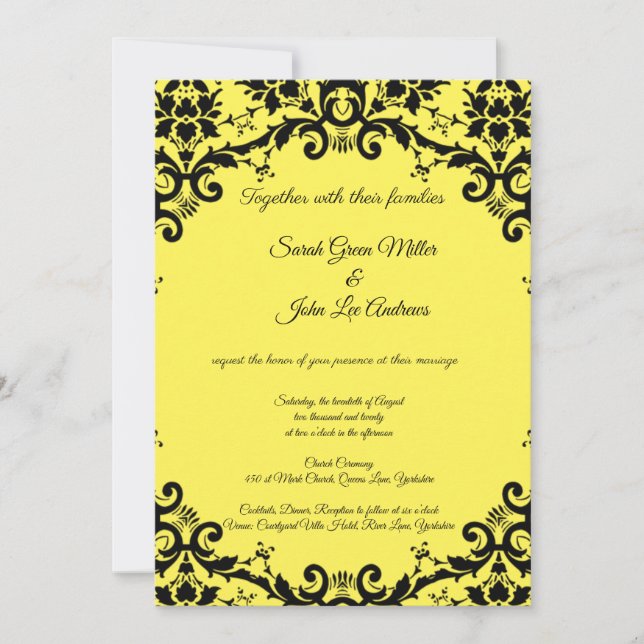 Elegant Damask Floral Yellow Wedding Einladung (Vorderseite)