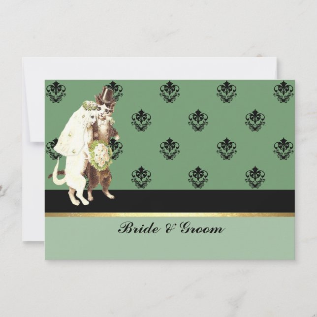 Elegant Damask Green Cats Wedding Set Einladung (Vorderseite)