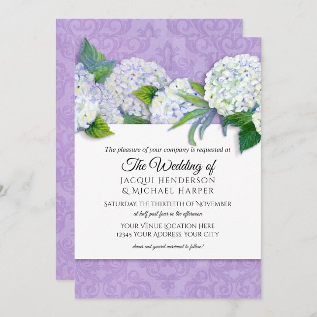 Elegant Damask Lavender n White Hydrangea Floral Einladung (Vorne/Hinten)