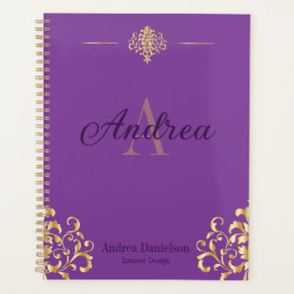 Elegant Damask Monogrammed Gold and Purple Office Planer