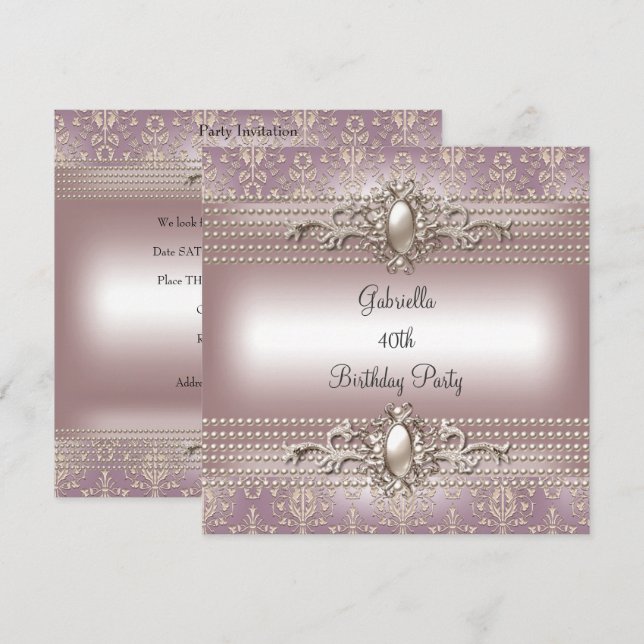 Elegant Damask Pink Cream Pearl Birthday Party Einladung (Vorne/Hinten)