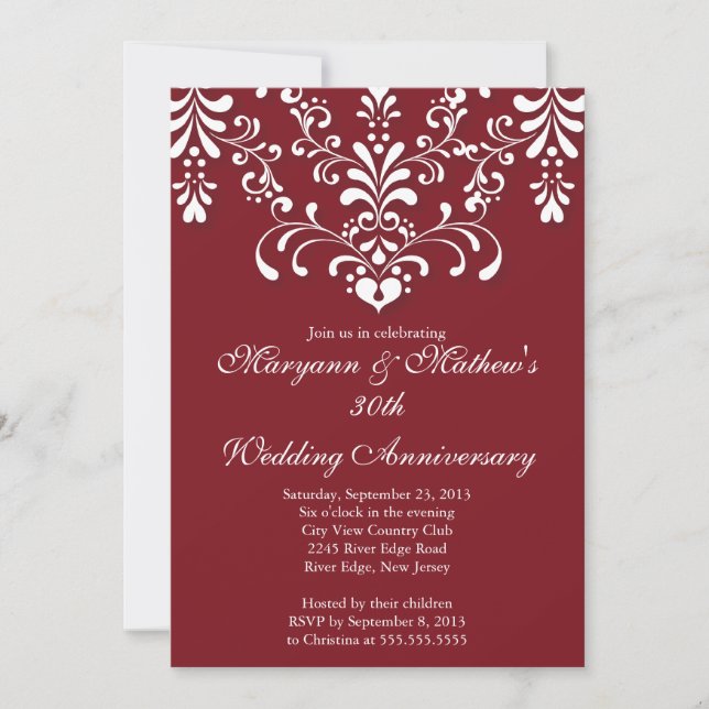 Elegant Damask Red Wedding Anniversary Einladung (Vorderseite)