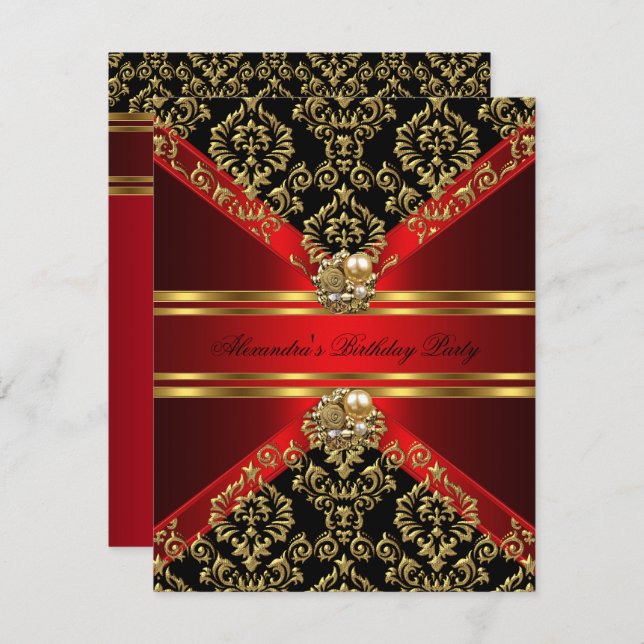 Elegant Damask Regal Red Gold Black Birthday Einladung (Vorne/Hinten)